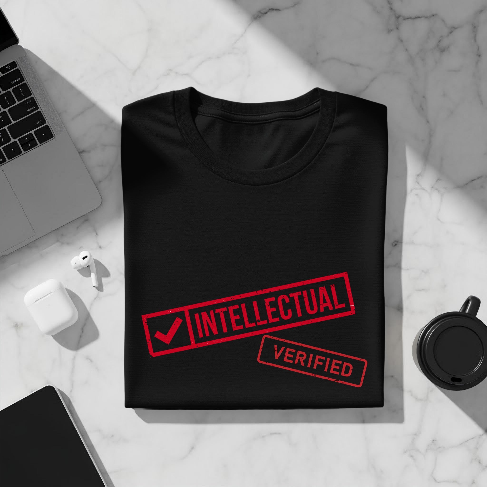 Black t-shirt with red "Intellectual Verified" stamp and checkmark.