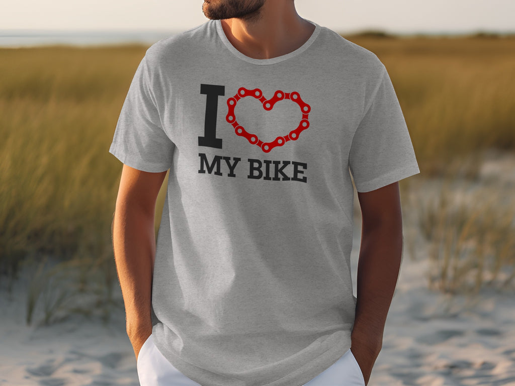 Gray t-shirt with "I Love My Bike" text in black and a red bike chain heart.