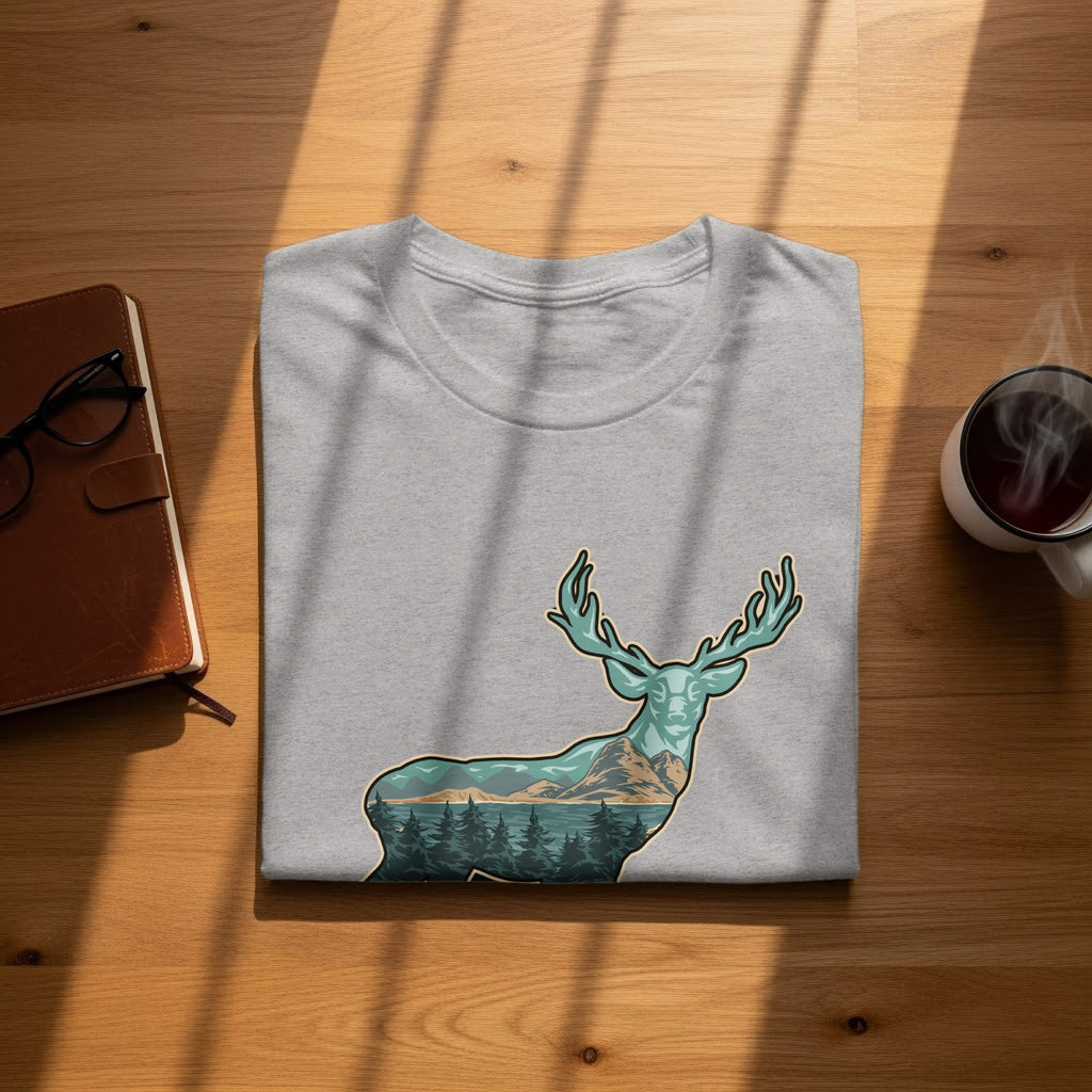 Gray t-shirt with a deer silhouette filled with a mountain and forest landscape.