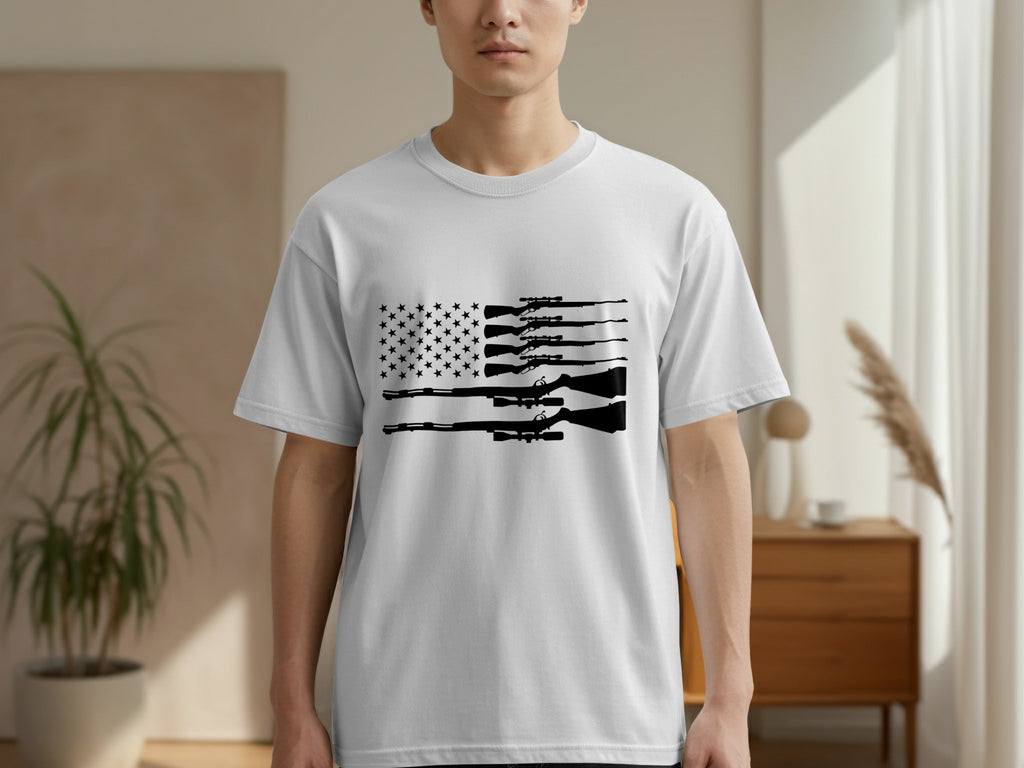 White t-shirt with black American flag design made of rifles and stars.