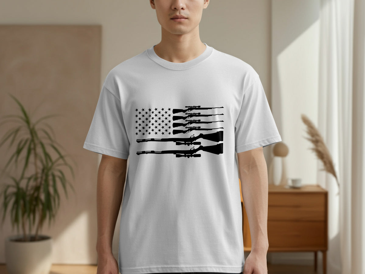 White t-shirt with black American flag design made of rifles and stars.
