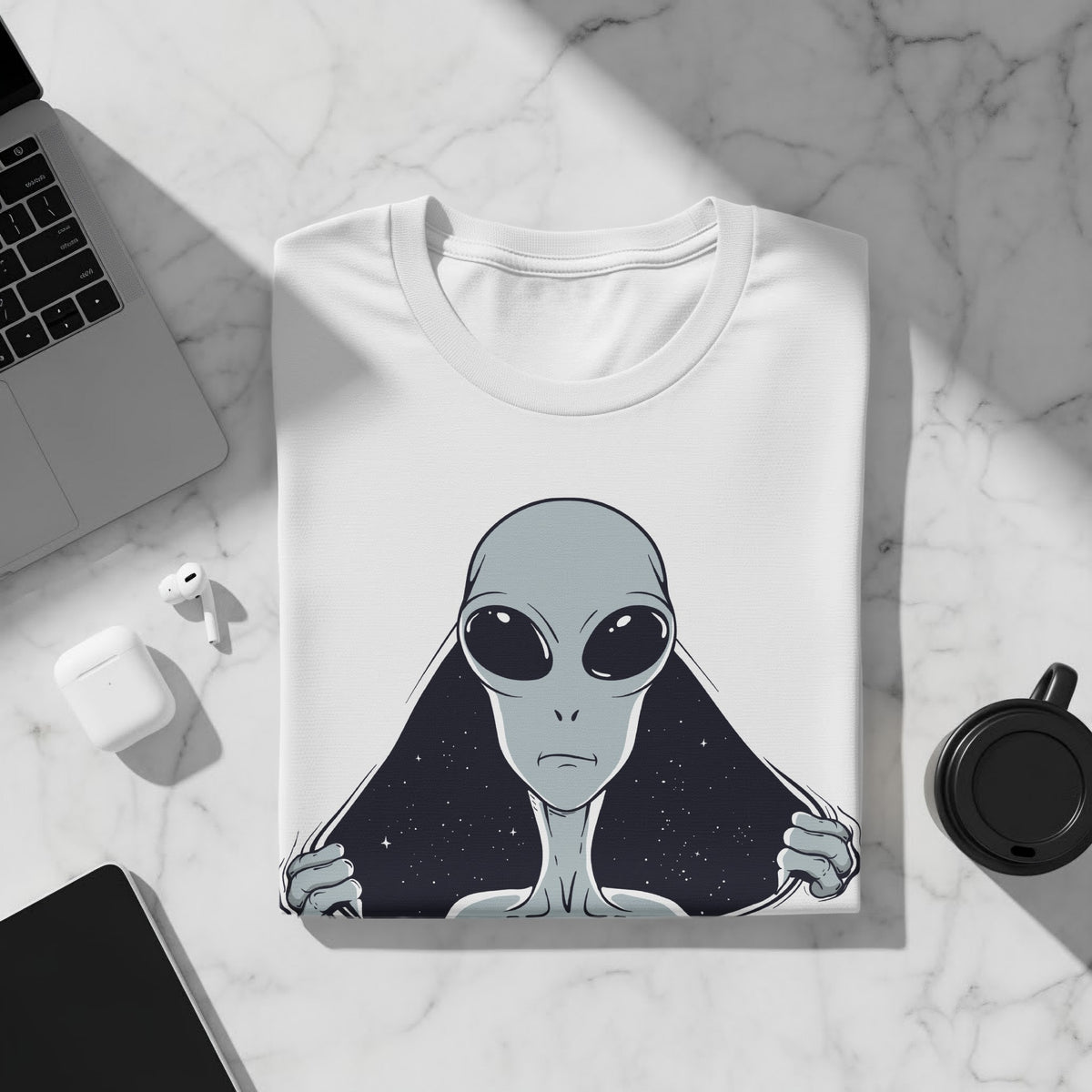 White t-shirt with a grey alien graphic and starry background.