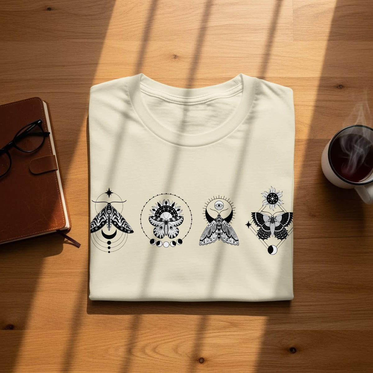 Light cream t-shirt with four black celestial moth designs on a wooden surface.
