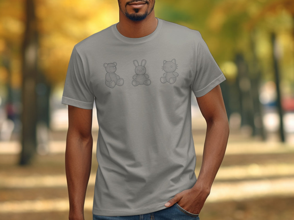 Grey t-shirt with wireframe teddy bear, bunny, and cat graphic.