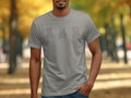 Grey t-shirt with wireframe teddy bear, bunny, and cat graphic.