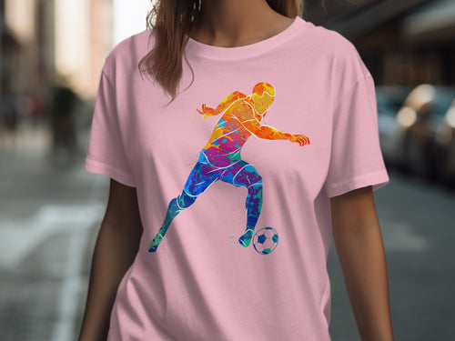 Pink t-shirt with a colorful, abstract soccer player graphic and a soccer ball.