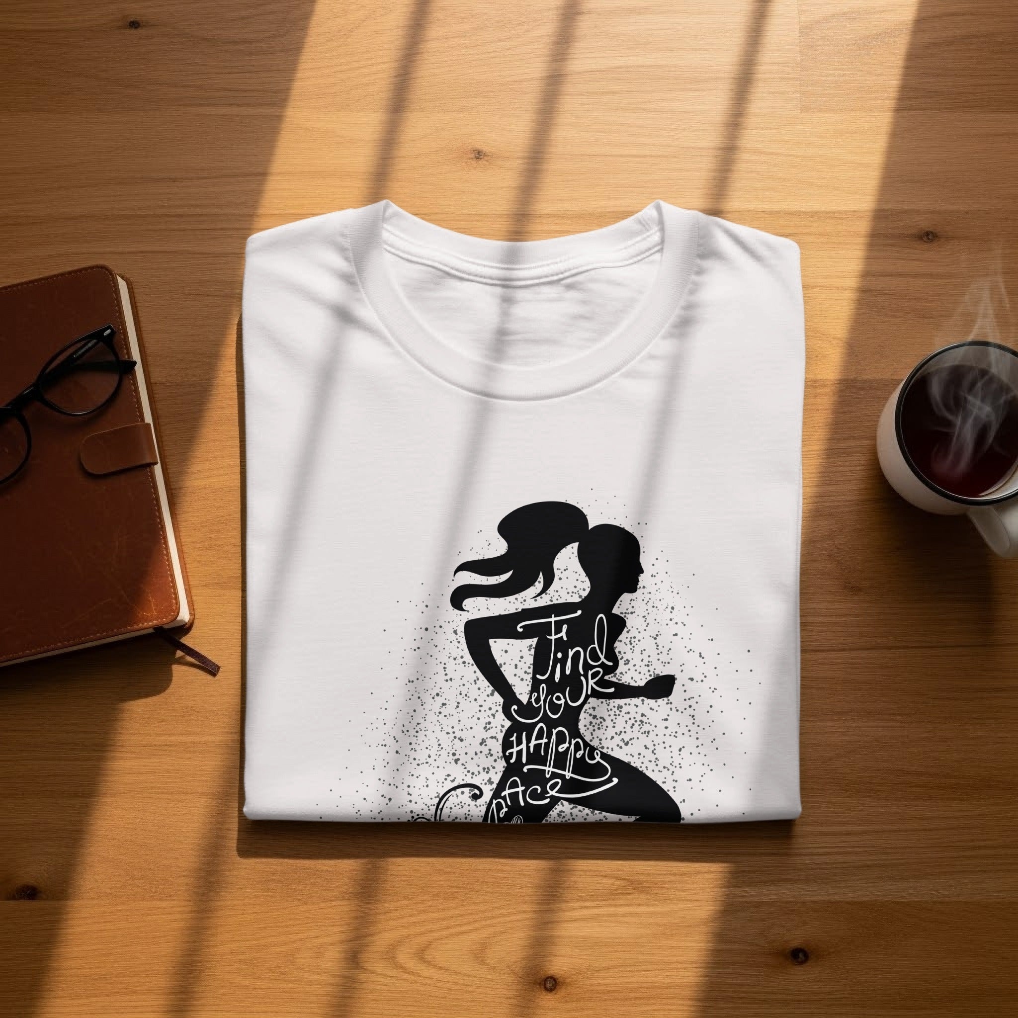 White t-shirt with black silhouette of a running woman and text "Find your happy pace".