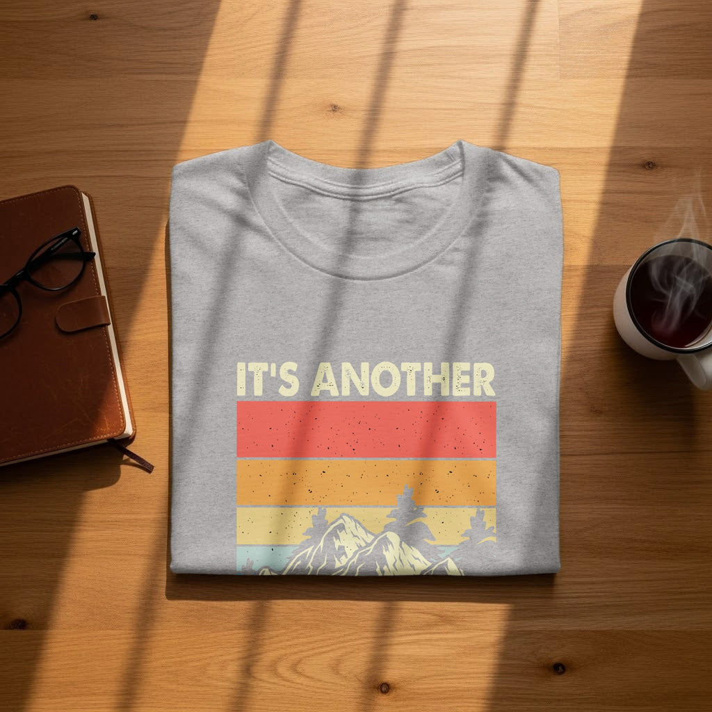 Gray t-shirt with "IT'S ANOTHER" text and vintage mountain graphic.