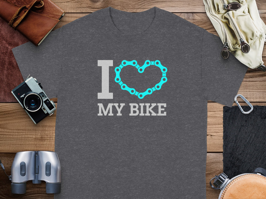 Dark grey t-shirt with "I Love My Bike" text and bicycle chain heart graphic.
