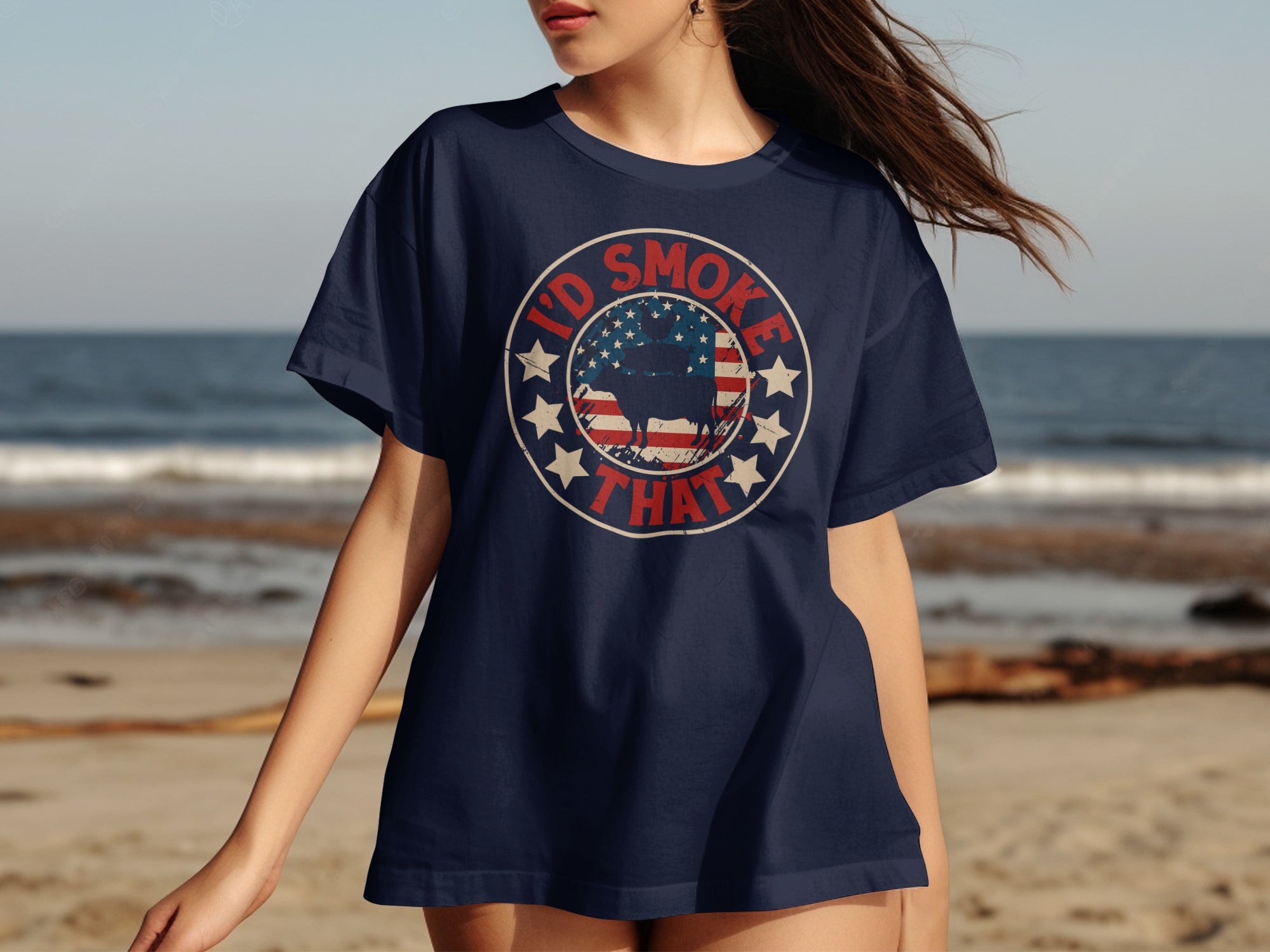 Navy t-shirt with emblem reading "I'D SMOKE THAT" featuring a bull silhouette.