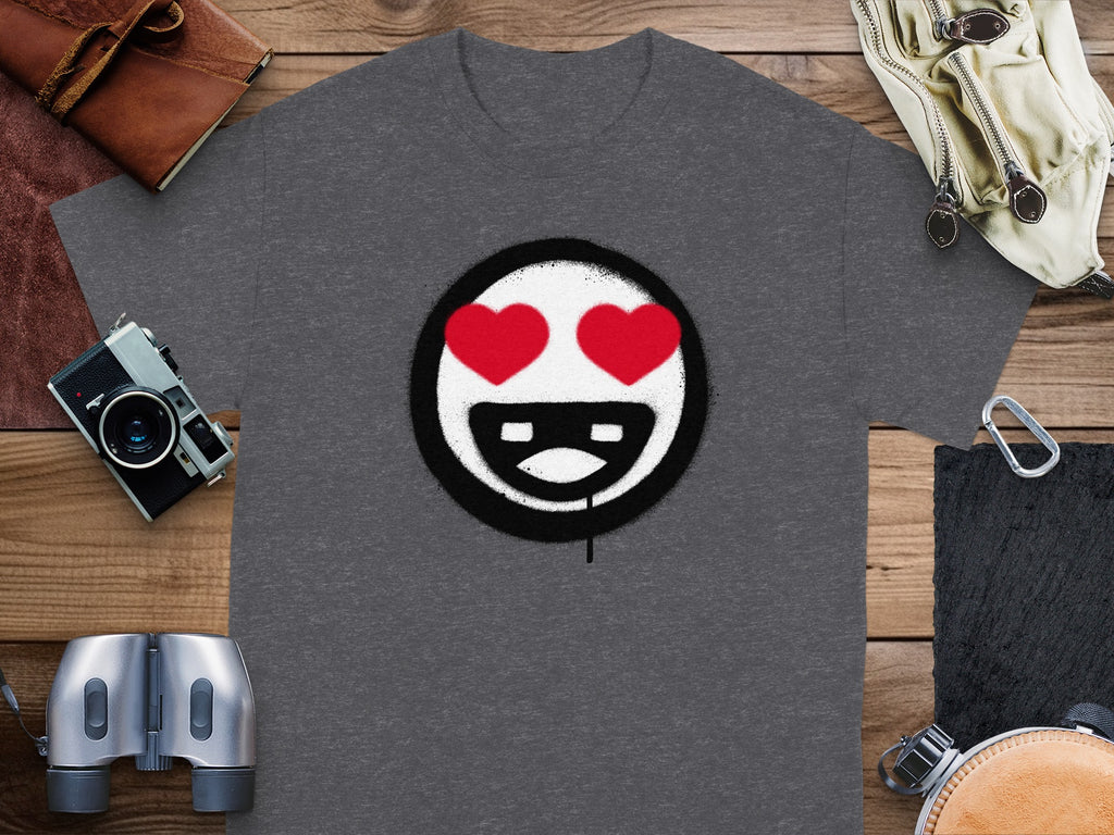 Dark grey t-shirt with a white smiley face, red heart eyes, and black spray paint outline.