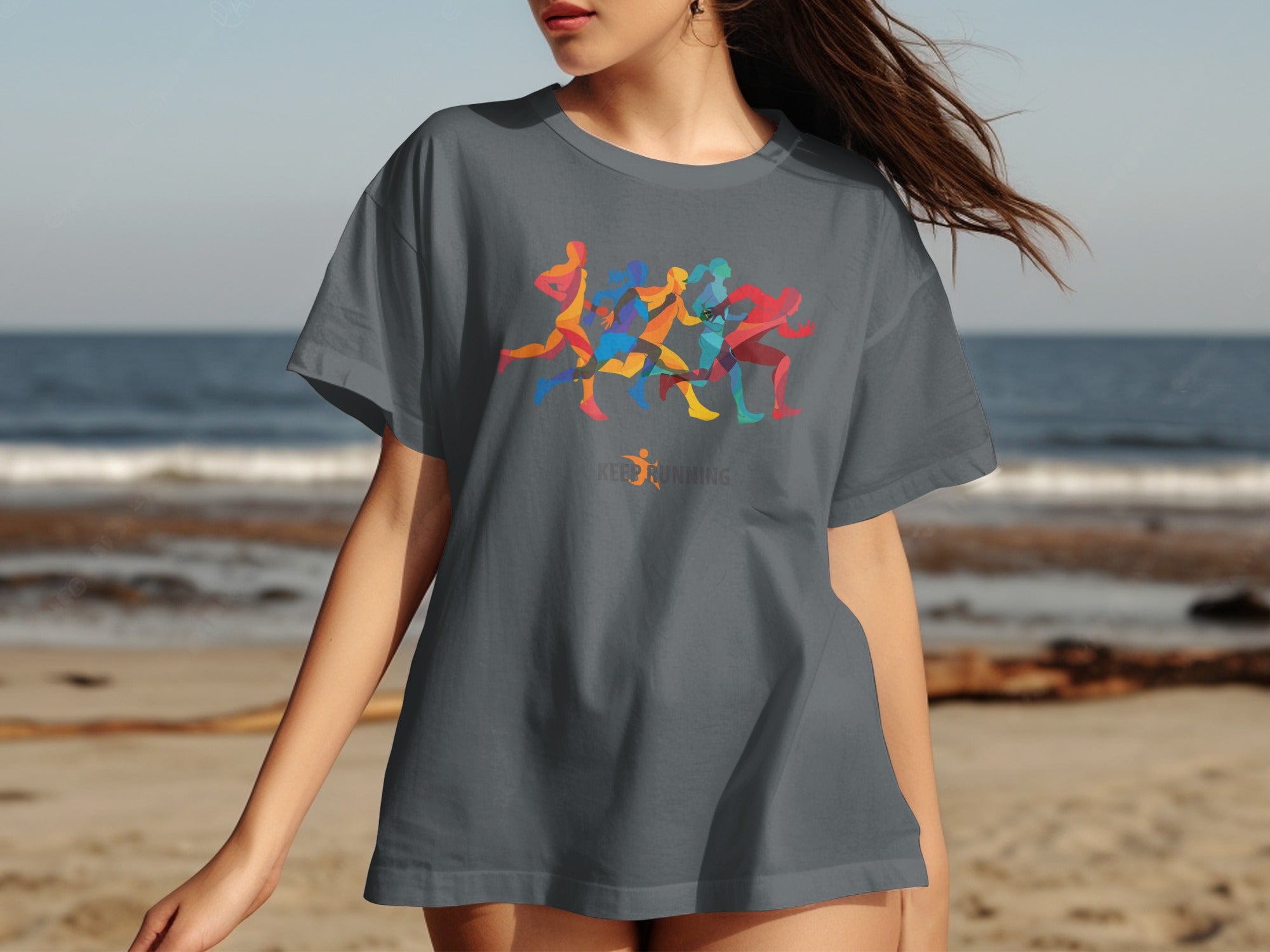 Dark grey t-shirt with colorful running figures and "KEEP RUNNING" text graphic.