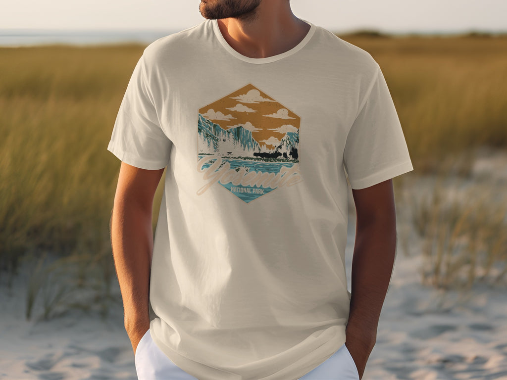 Cream t-shirt with Yosemite National Park hexagonal graphic and text.
