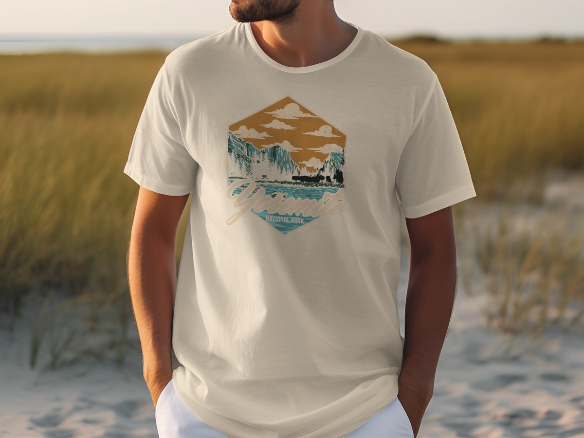 Cream t-shirt with Yosemite National Park hexagonal graphic and text.