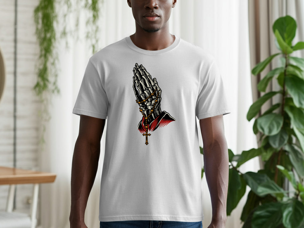 Light grey t-shirt featuring skeleton hands with rosary beads and a cross.