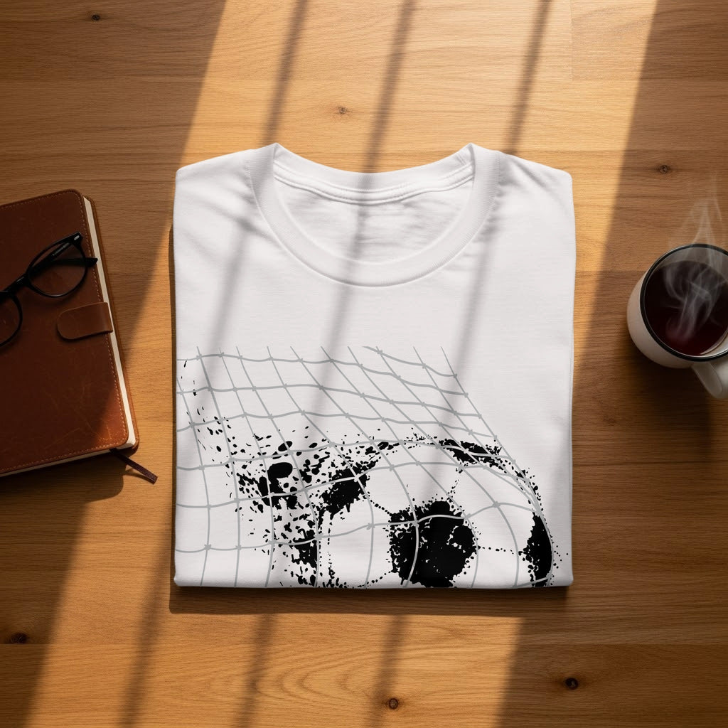 White t-shirt with a black and grey distressed soccer ball design on a net.