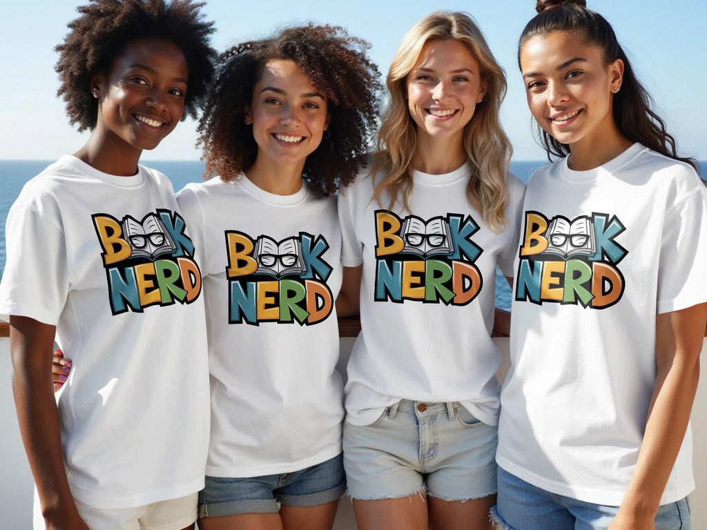 Four young women in white t-shirts with "BOOK NERD" text and book graphic.