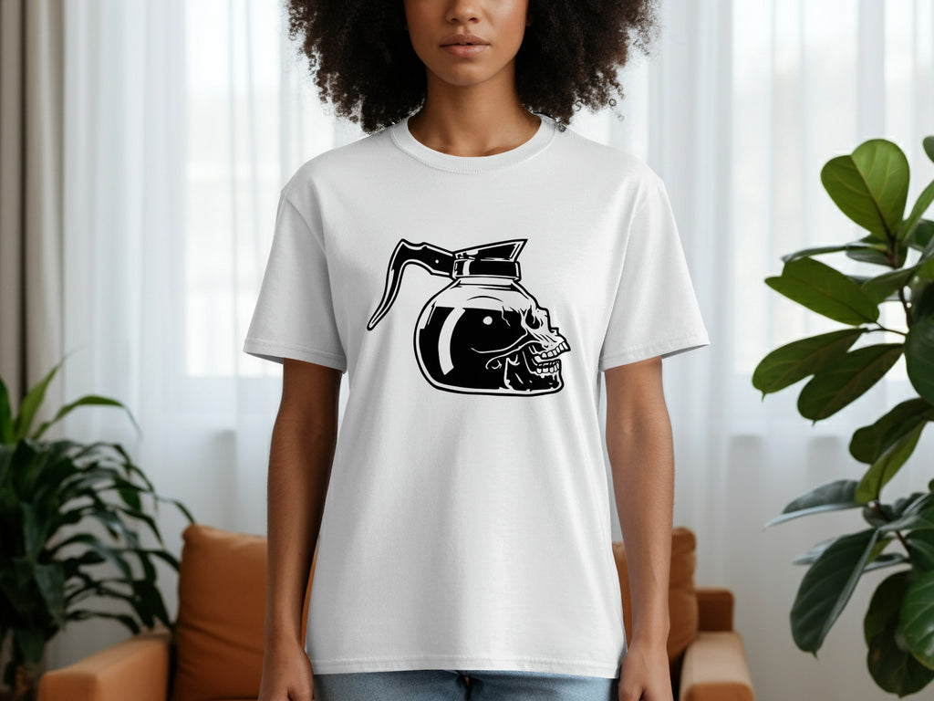 White t-shirt with a black graphic of a coffee pot shaped like a skull.