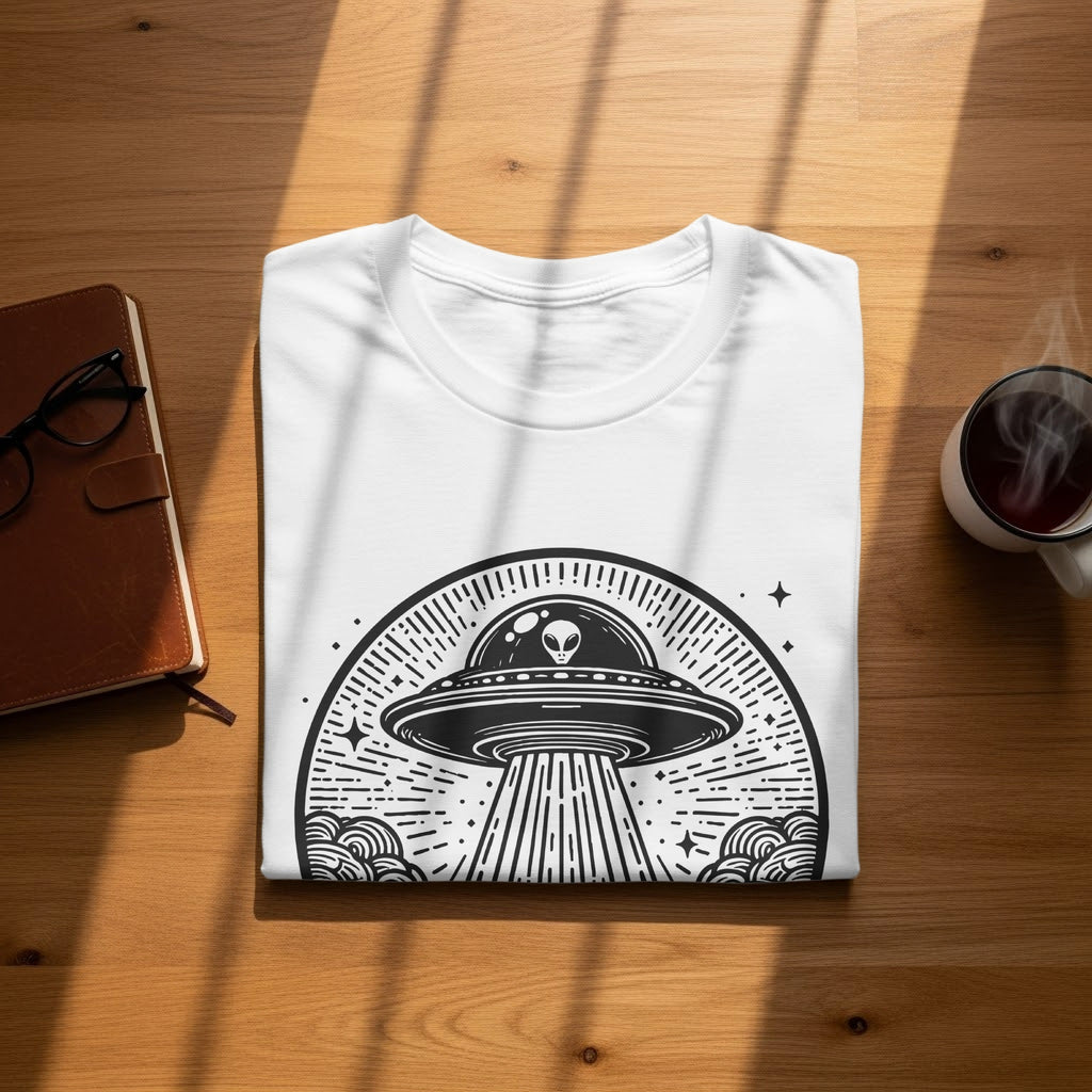 White t-shirt with black alien and UFO graphic on a wooden table.