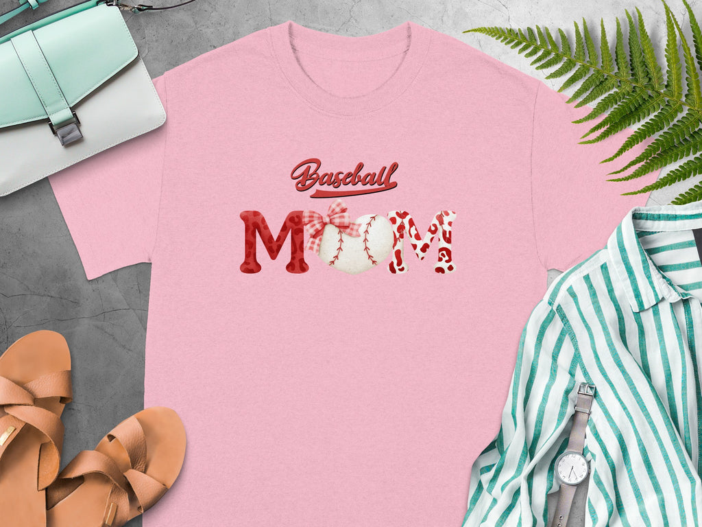 Pink t-shirt with "Baseball Mom" text and baseball graphics.