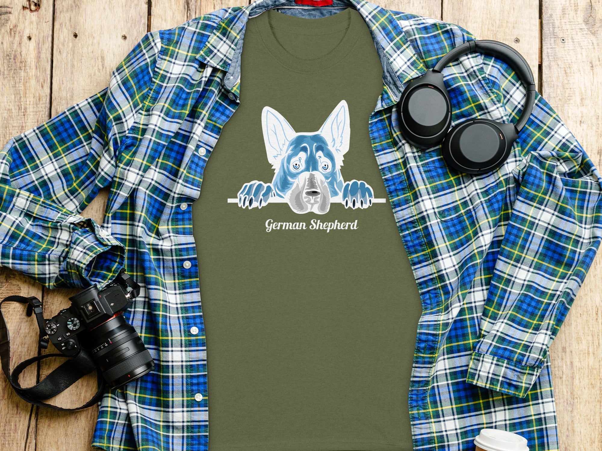 Olive green t-shirt with blue German Shepherd graphic and text.