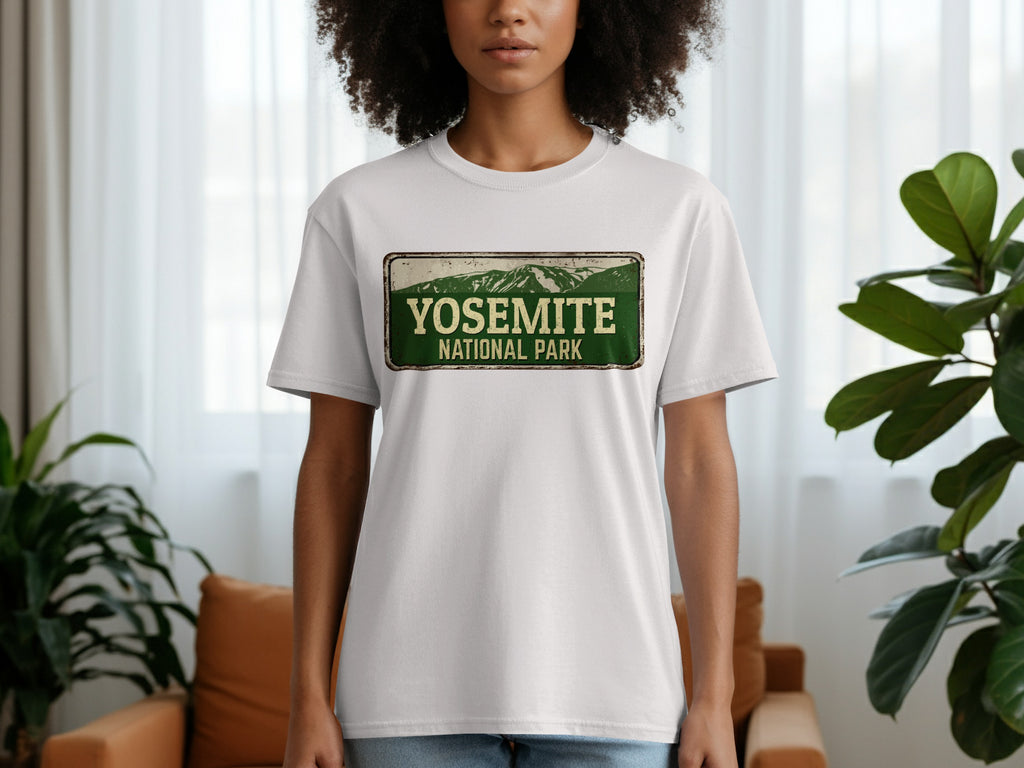 White t-shirt with distressed "Yosemite National Park" sign graphic.