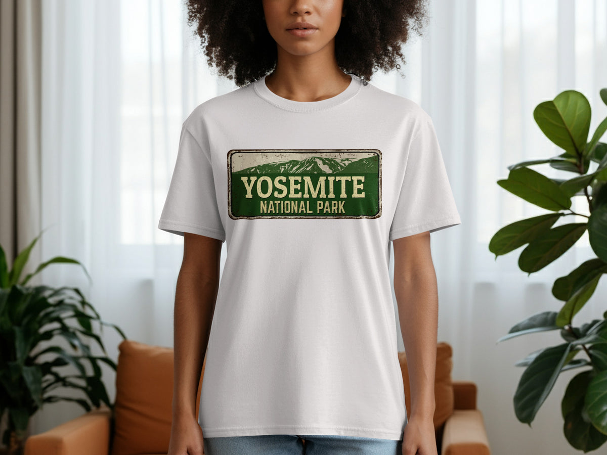 White t-shirt with distressed "Yosemite National Park" sign graphic.