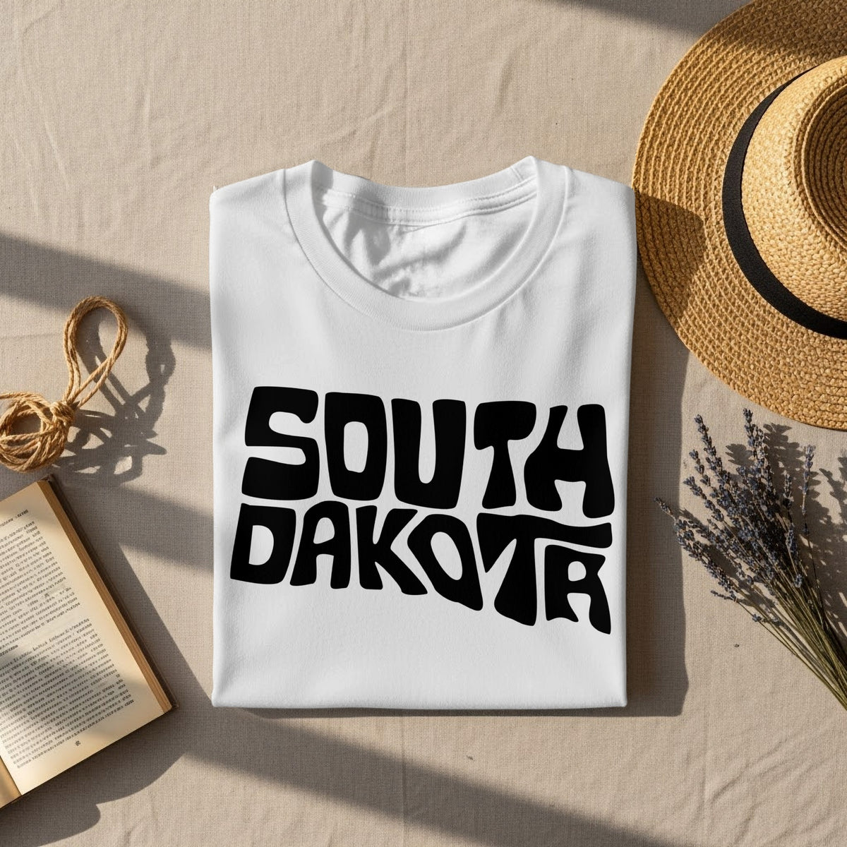 White t-shirt with black "SOUTH DAKOTA" text, flat lay with straw hat and lavender.