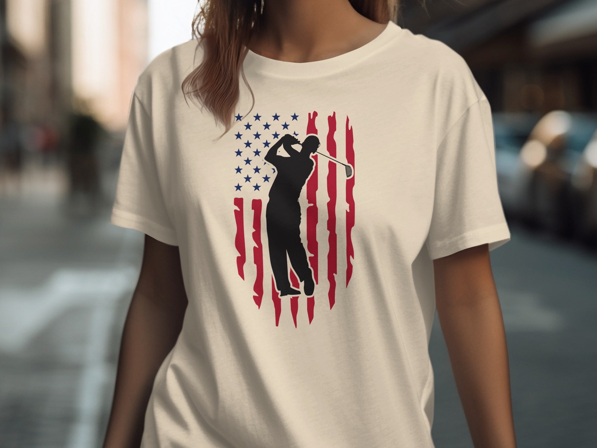 T-shirt with American flag and golfer silhouette graphic.