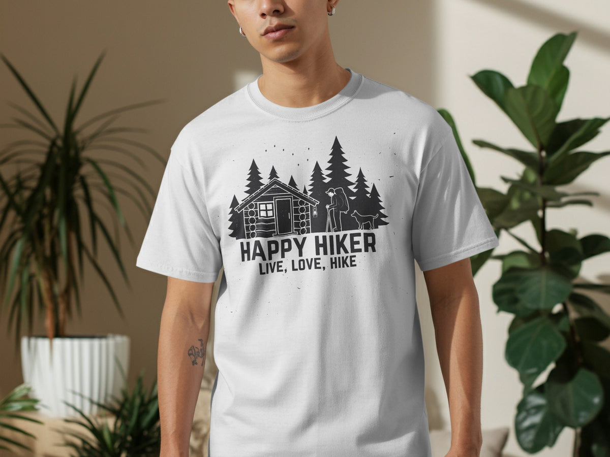 White t-shirt with "HAPPY HIKER LIVE, LOVE, HIKE" text and a graphic of a cabin and trees.