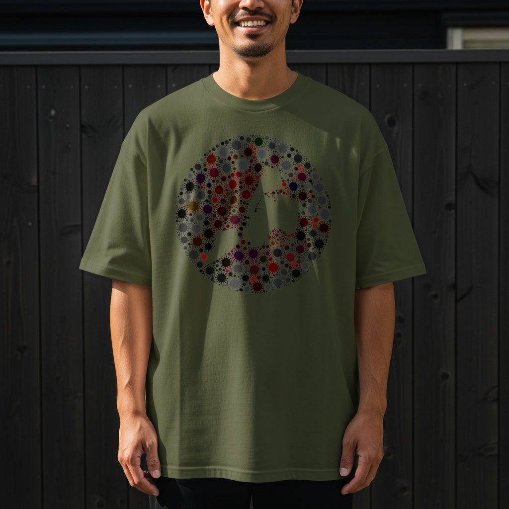 Olive t-shirt with circular graphic composed of colorful virus-like shapes depicting a human head.