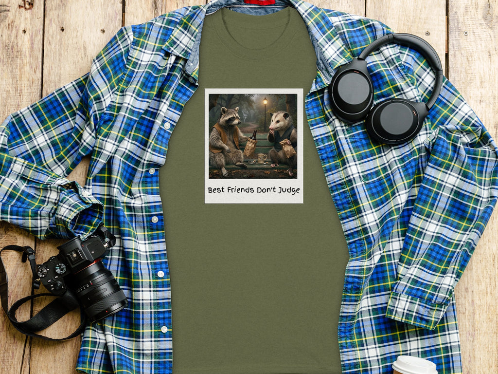 Green t-shirt with a graphic of a raccoon and possum on a bench, "Best Friends Don't Judge."