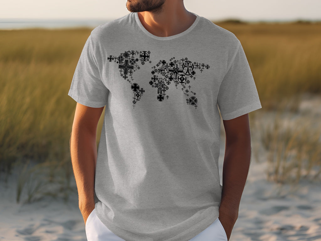 Grey t-shirt with black world map design made of various crosses.