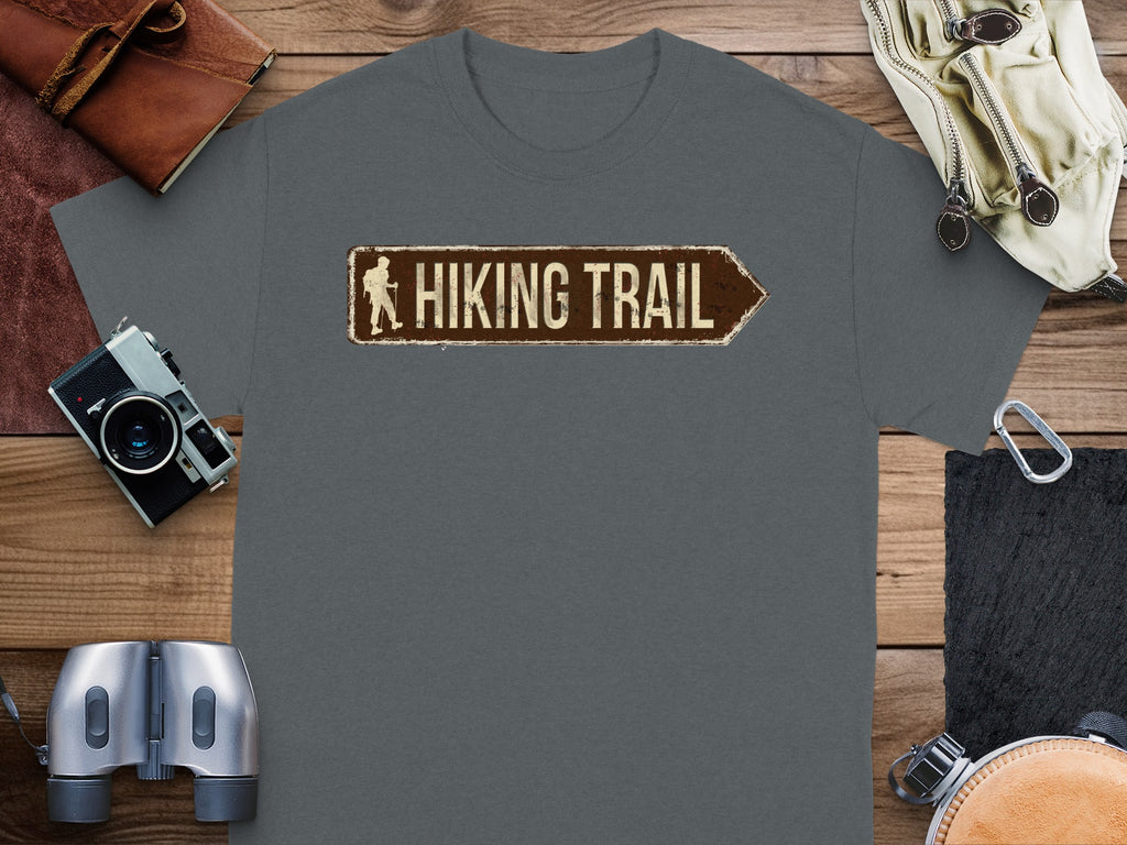 Dark grey t-shirt with a distressed brown "Hiking Trail" sign graphic.