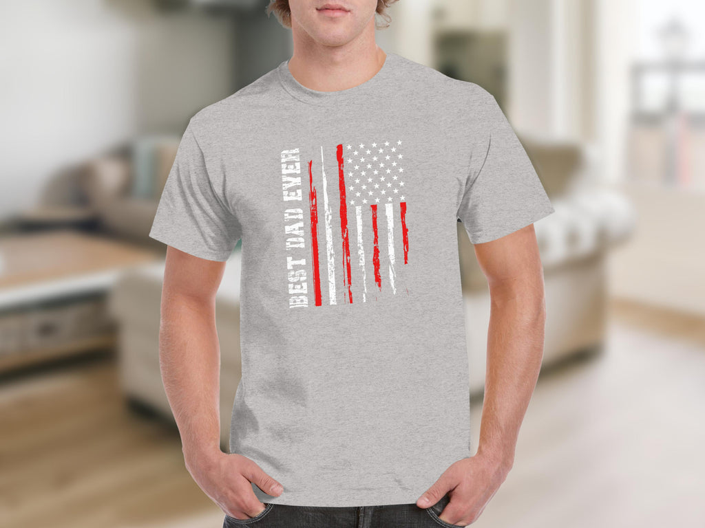 Light grey t-shirt with distressed USA flag and "BEST DAD EVER" text.