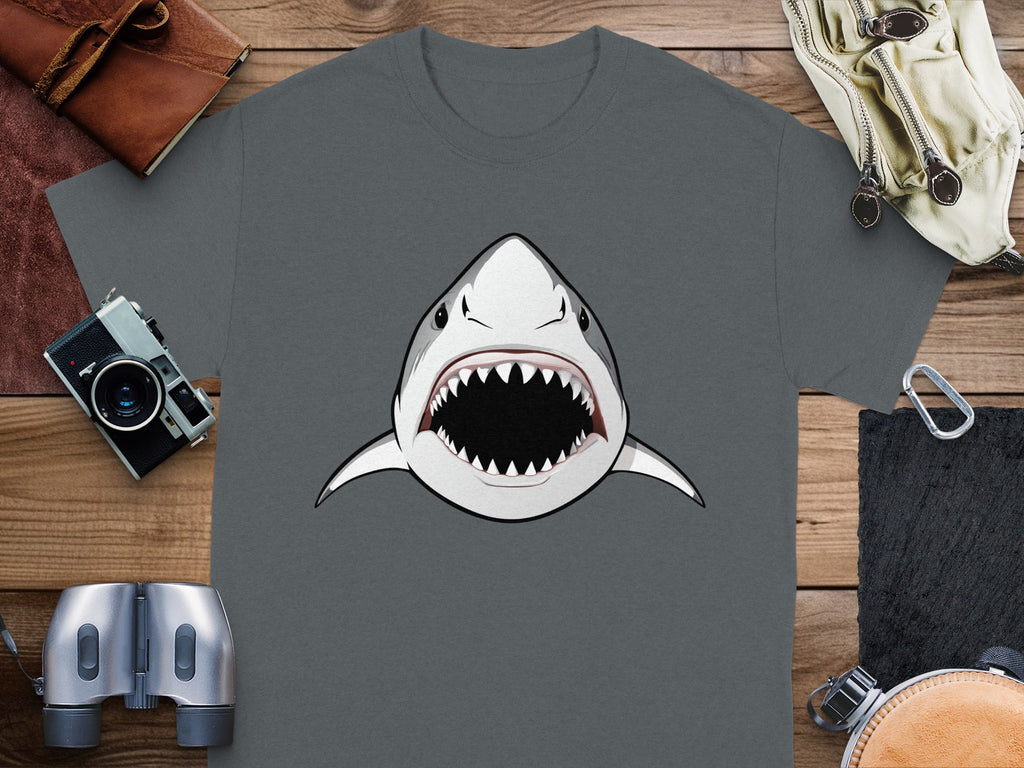 T-shirt with a graphic of a great white shark with its mouth open.