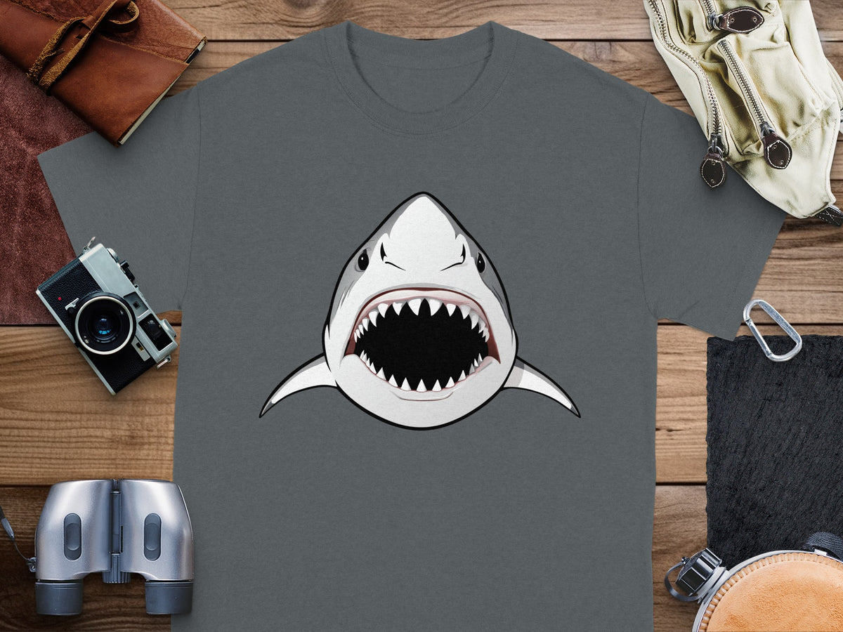 T-shirt with a graphic of a great white shark with its mouth open.