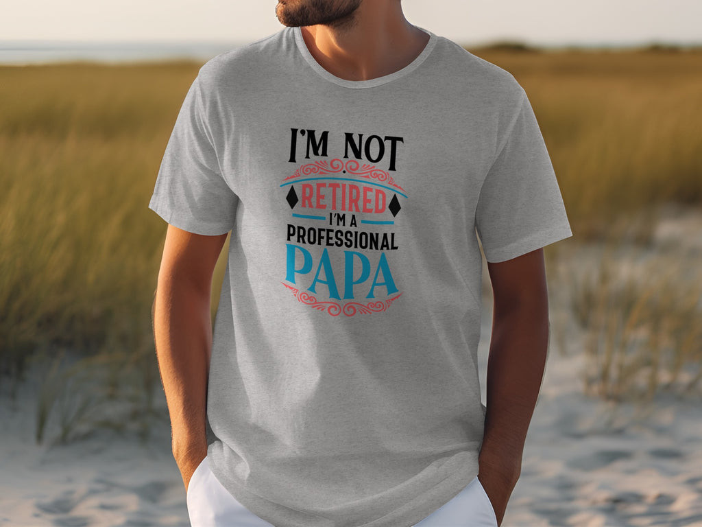 Grey t-shirt with text "I'm not retired I'm a professional Papa".
