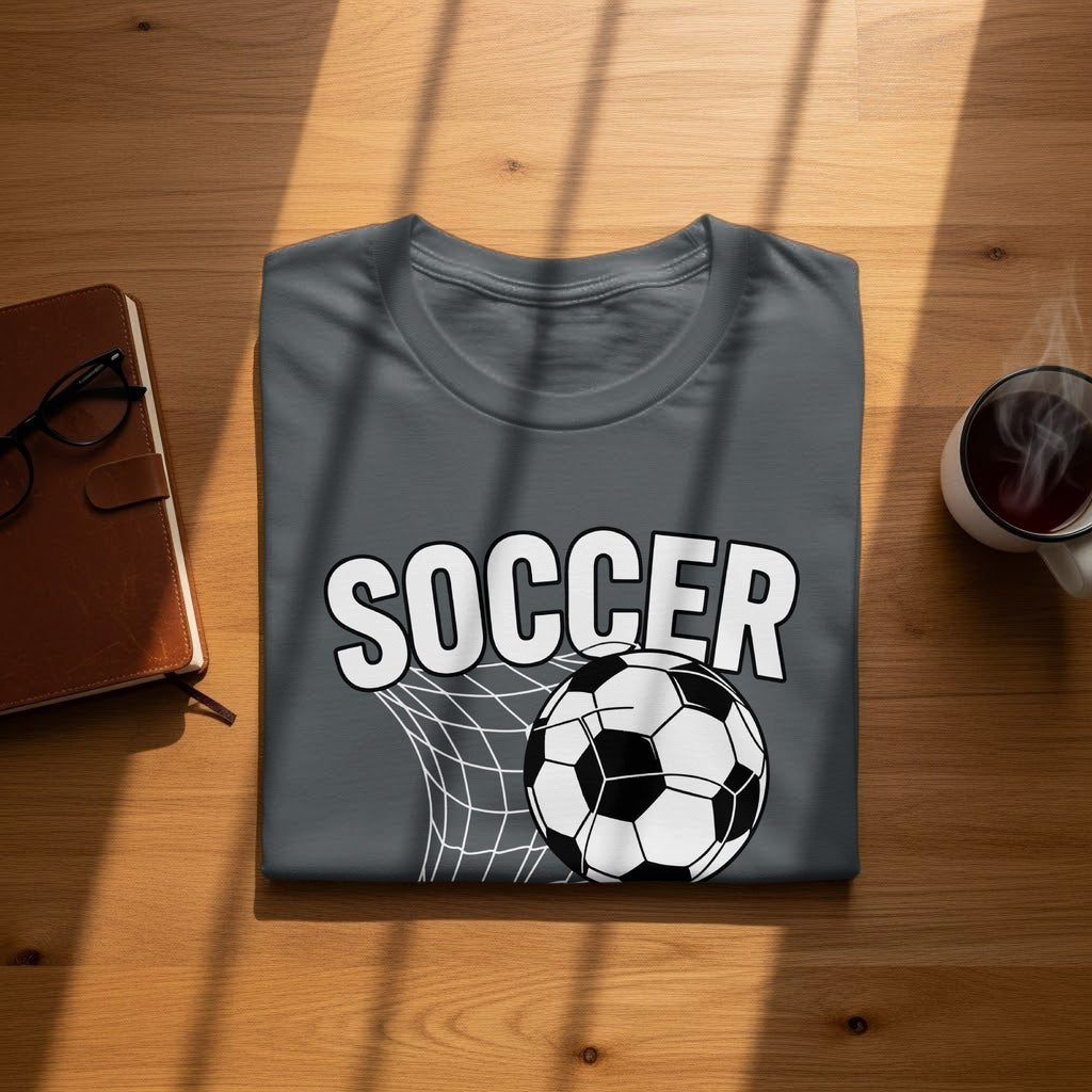 Gray t-shirt with "SOCCER" text, soccer ball, and net design.