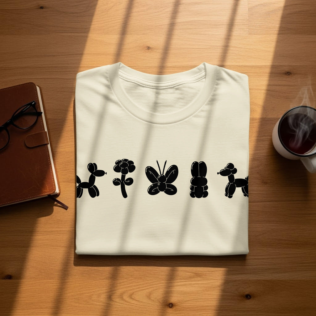 Cream t-shirt with black balloon animal designs: dog, flower, butterfly, rabbit, poodle.