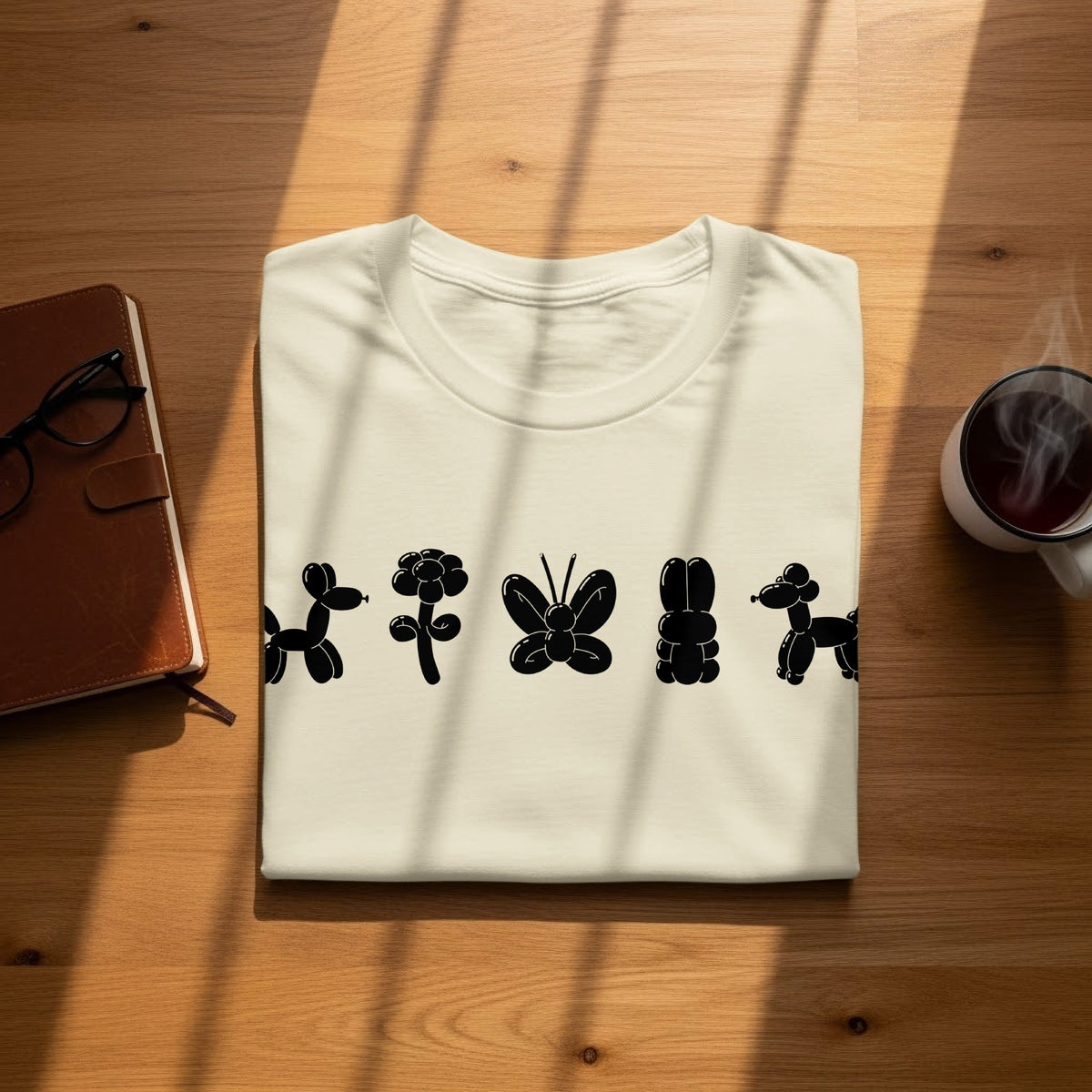 Cream t-shirt with black balloon animal designs: dog, flower, butterfly, rabbit, poodle.