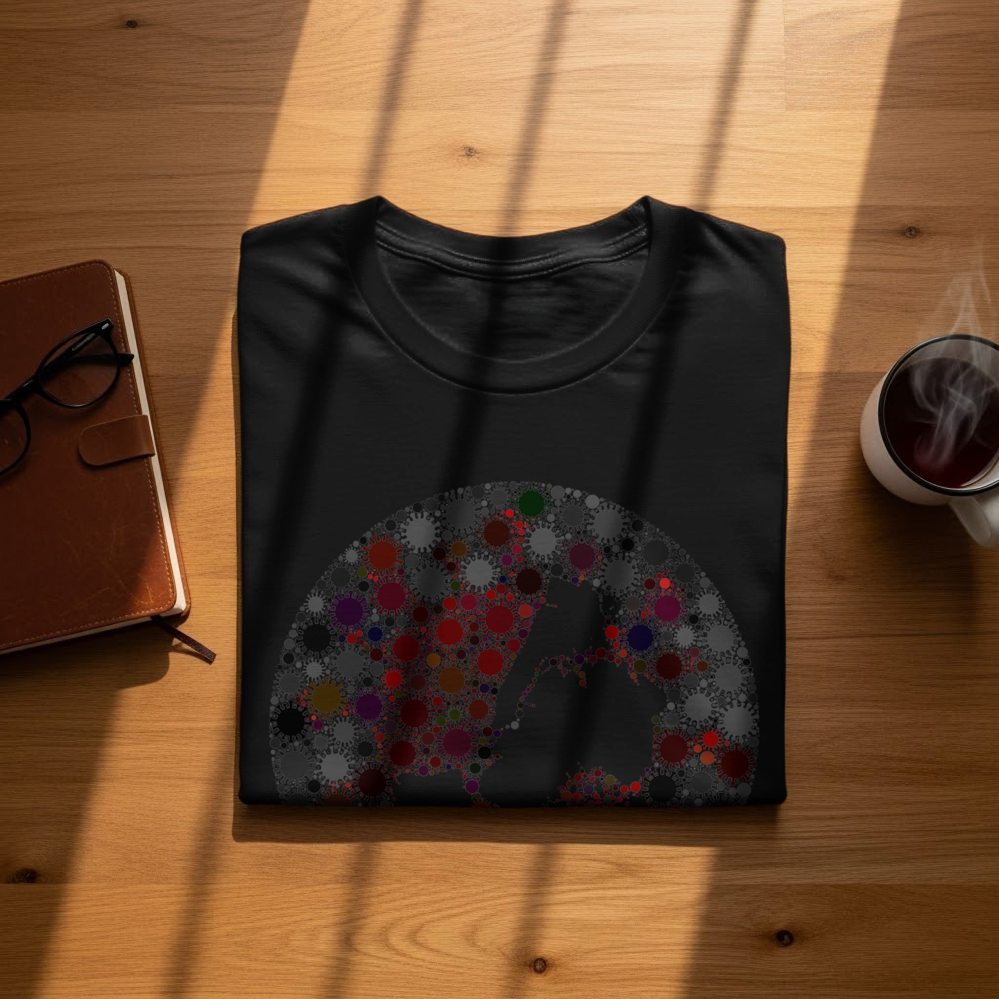 Black t-shirt with abstract virus-like shapes forming a silhouette on the chest.