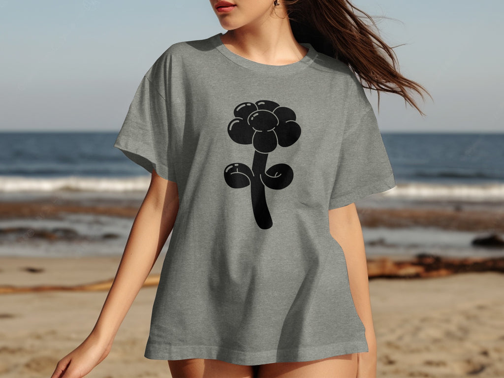 Grey t-shirt with black balloon flower graphic on the front