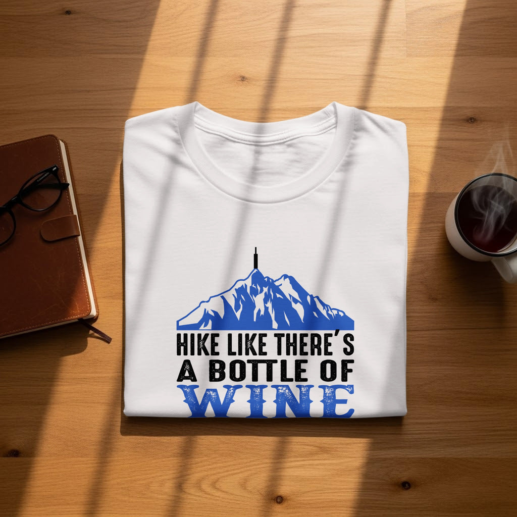 White t-shirt with mountains and text "HIKE LIKE THERE'S A BOTTLE OF WINE".