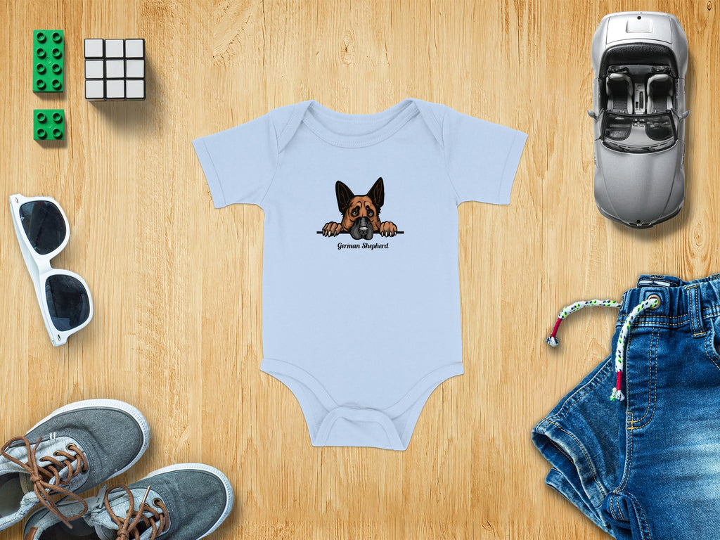 Light blue baby onesie with a German Shepherd graphic and text.