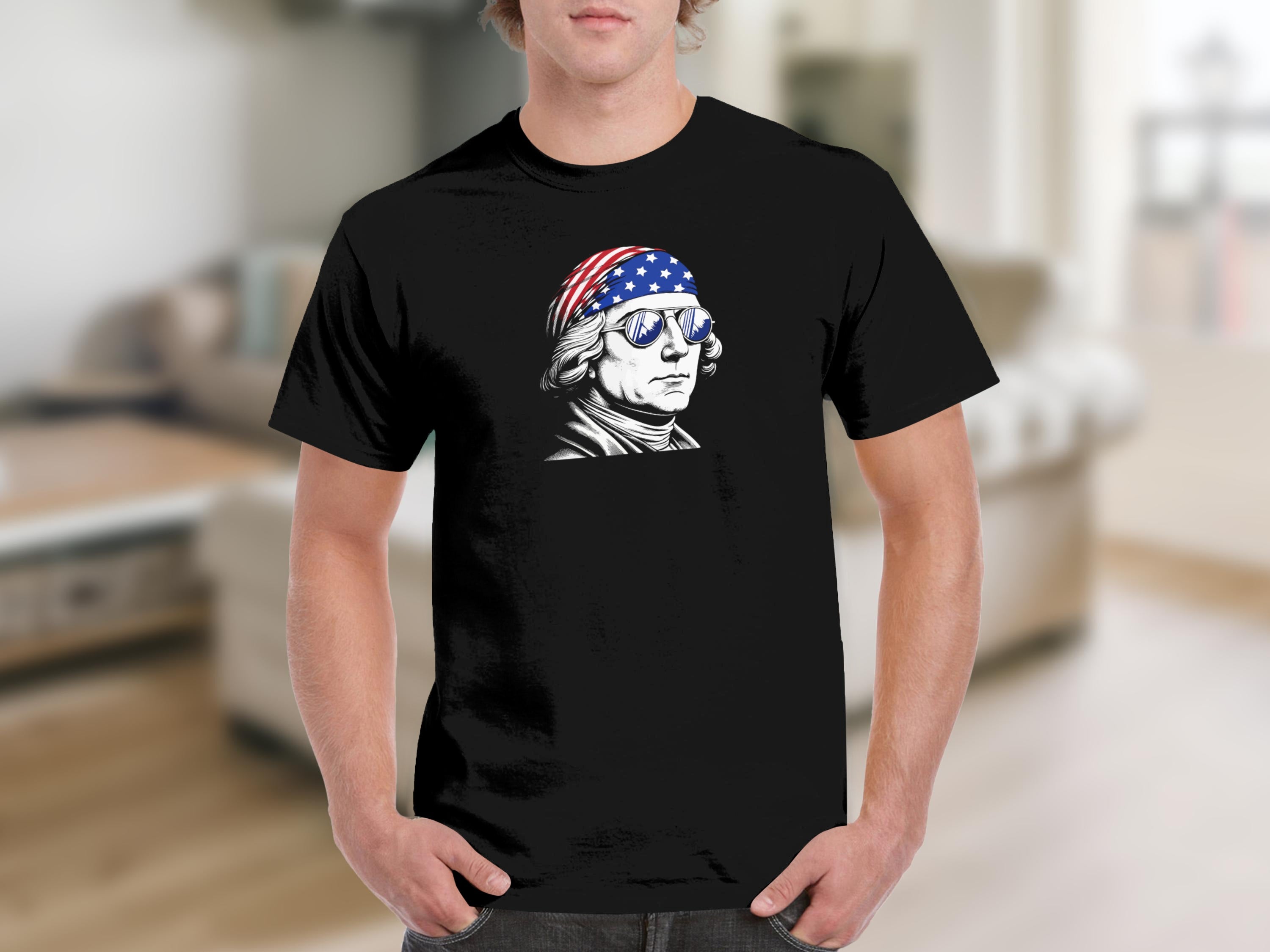 Black t-shirt with illustration of George Washington wearing American flag bandana and sunglasses.