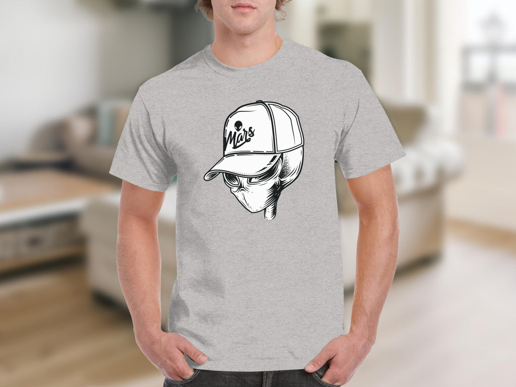 Grey t-shirt with a black and white alien head wearing a baseball cap with "Mars" text.