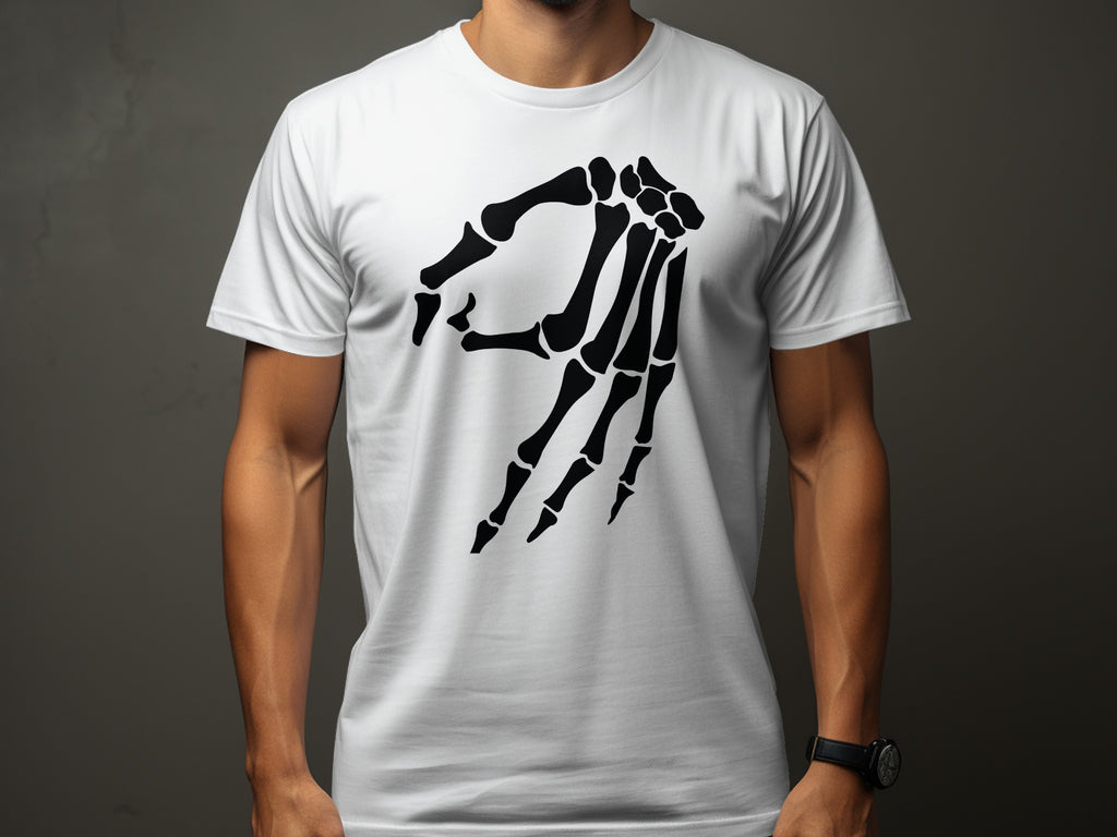 White t-shirt with black skeleton hand making a circle gesture graphic.