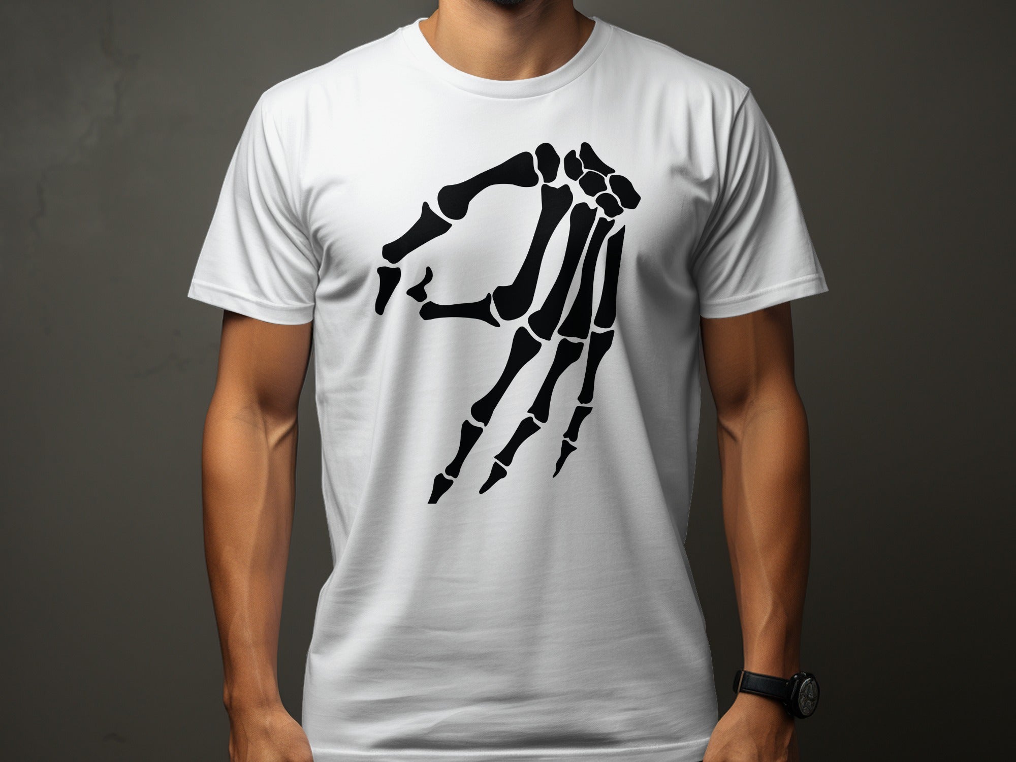 White t-shirt with black skeleton hand making a circle gesture graphic.