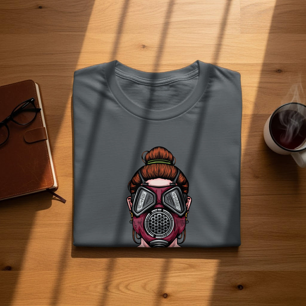 Gray t-shirt with a graphic of a woman wearing a gas mask.